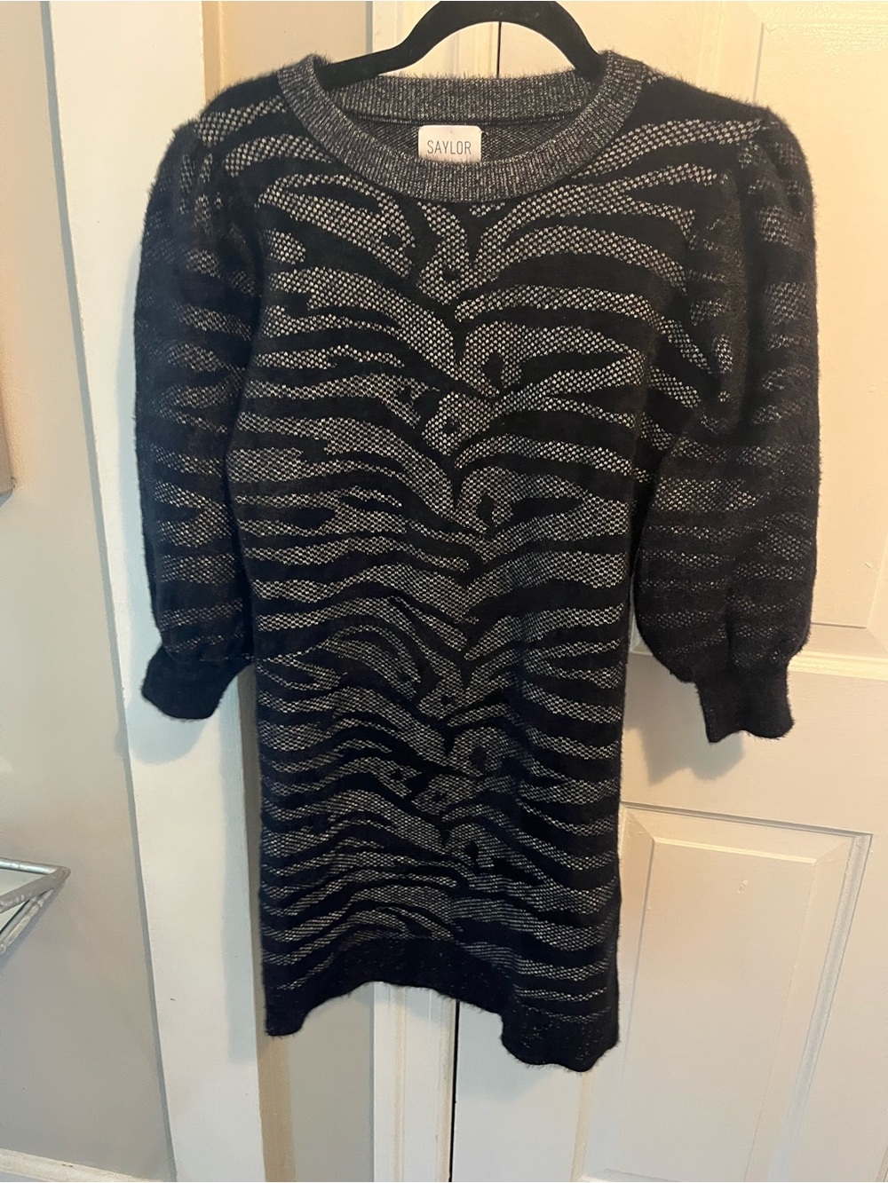 SAYLOR Black & Metallic Silver Zebra Knit Sweater Dress